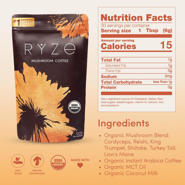 RYZE Mushroom Coffee USDA Organic |30 Servings|